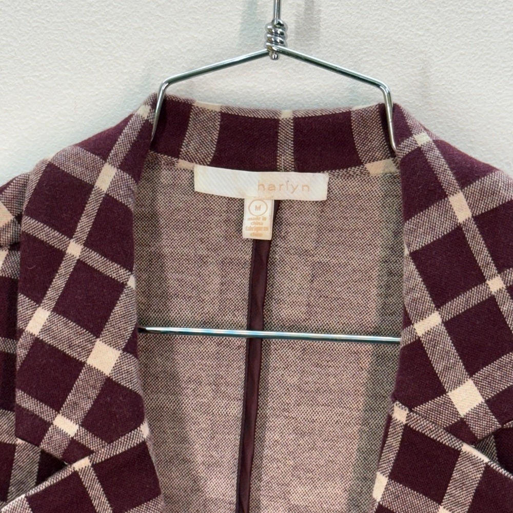 Harlyn Women's Plaid Longline Blazer Burgundy Beige Cardigan Casual Medium